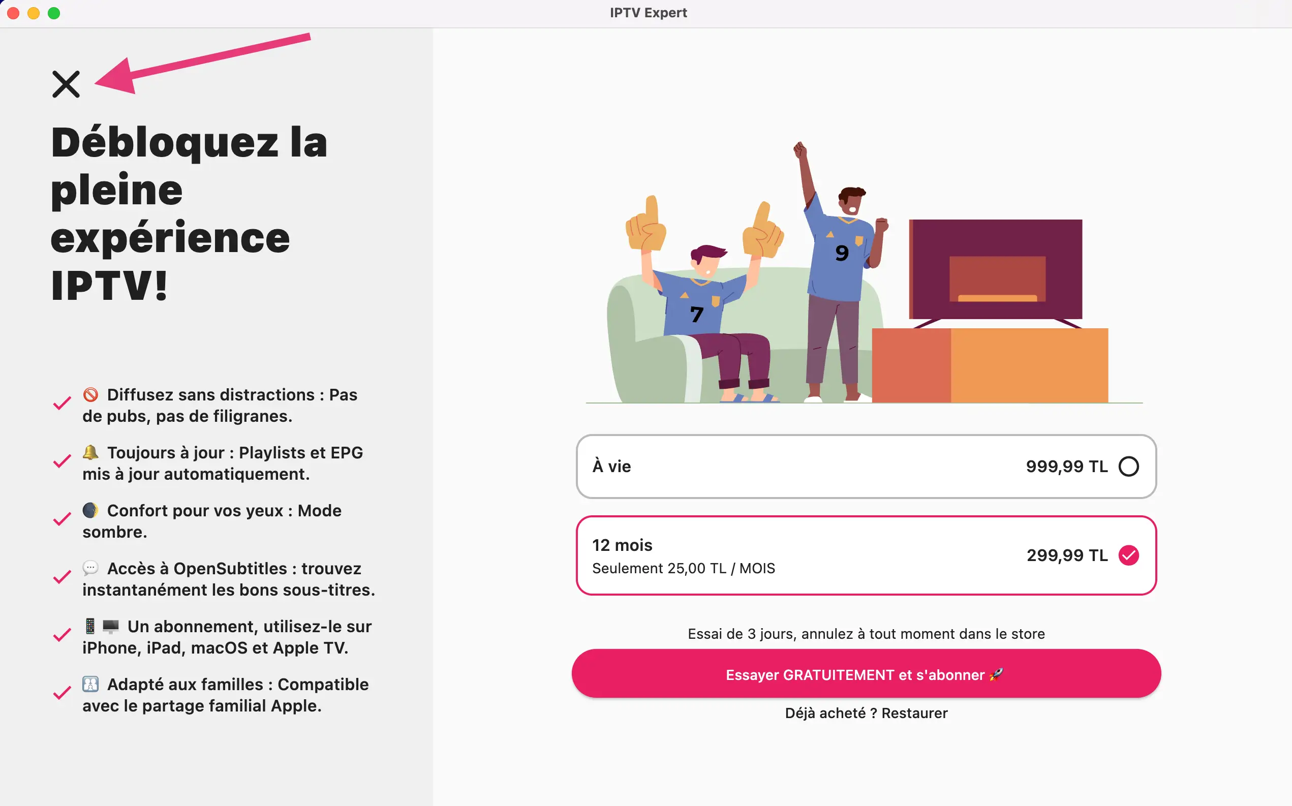 Fermer la fenetre d'abonnement IPTV Smarters sur PC